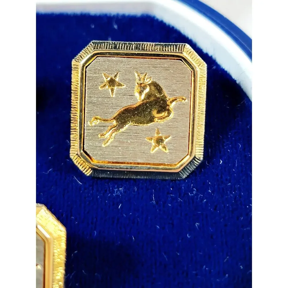 Taurus Cufflinks & Tie Tac Gold Toned With Case New Old Stock